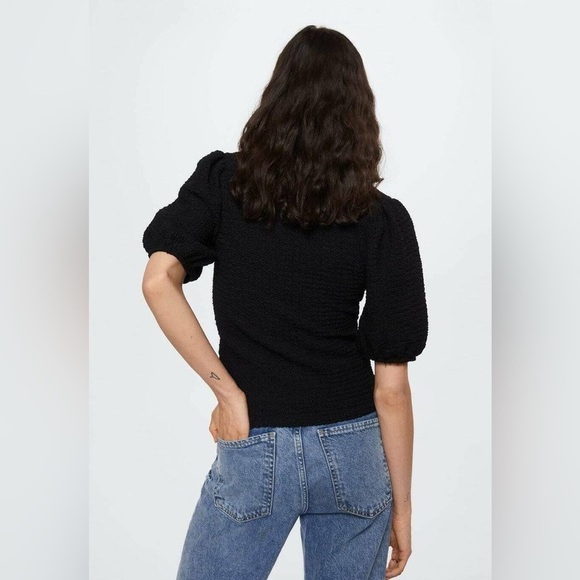 NWT MNG Mango Black Textured Puff Sleeve Top sz Xs - Picture 7 of 13